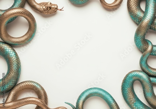 Golden and teal snakes forming a circular frame on white background photo