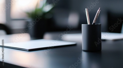 A black desk with a pen and pencil holder on it