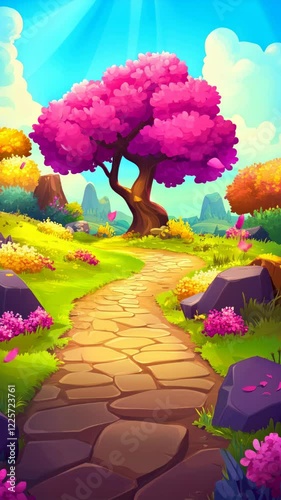 Animated illustration of falling leaves in a fantasy landscape with a vibrant pink tree and a stone path in a magical setting
