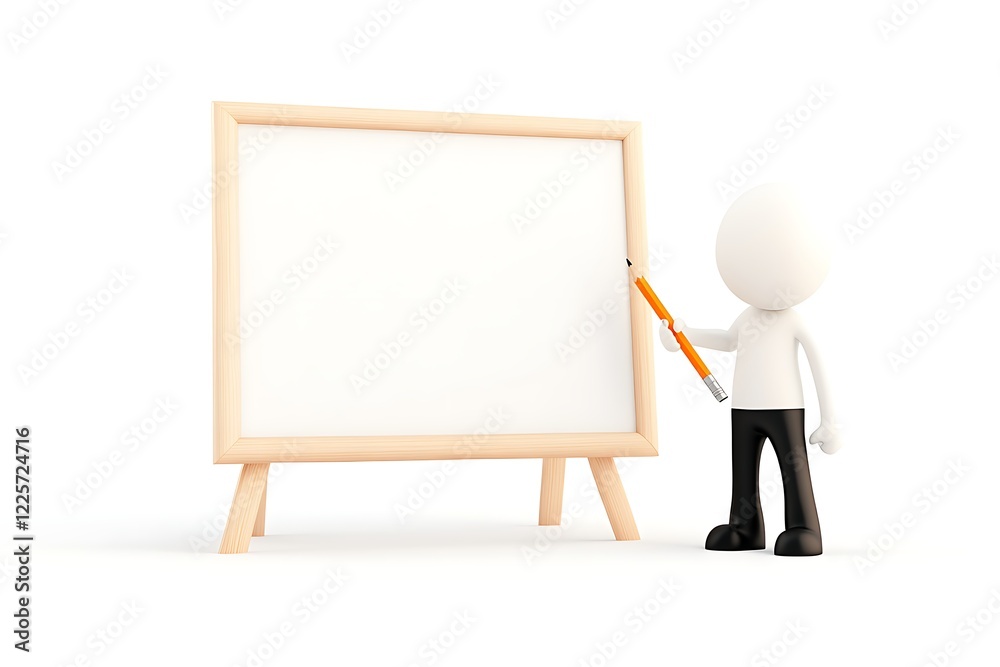 3D person with pencil pointing at whiteboard 3D person with pencil pointing at whiteboard