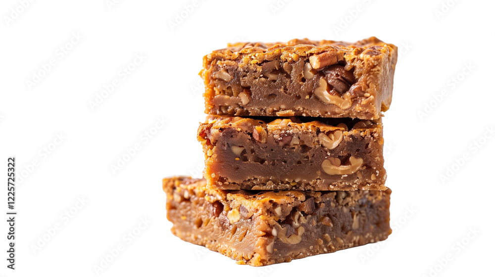 Pecan pie bars, stacked on top of each other, food photography, delicious, mouthwatering. Mockup for national pecan month, delicious sweet food, transparent background. Design element for poster, bann