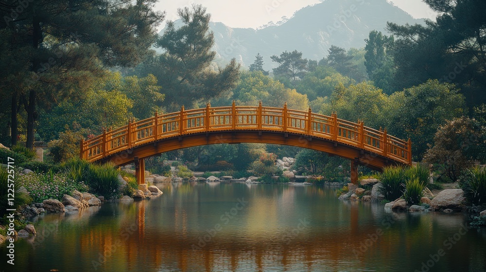 Wooden bridge, calm pond, misty mountains, garden serenity Wooden bridge, calm pond, misty mountains, garden serenity