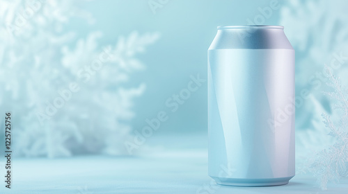 A futuristic beverage can with metallic silver tones, bold geometric graphics, and glowing accents, designed to stand out in a high-tech setting. The sleek can features a modern, minimalistic design t photo