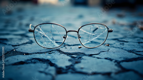 A powerful and evocative image of a pair of broken glasses lying on the ground photo