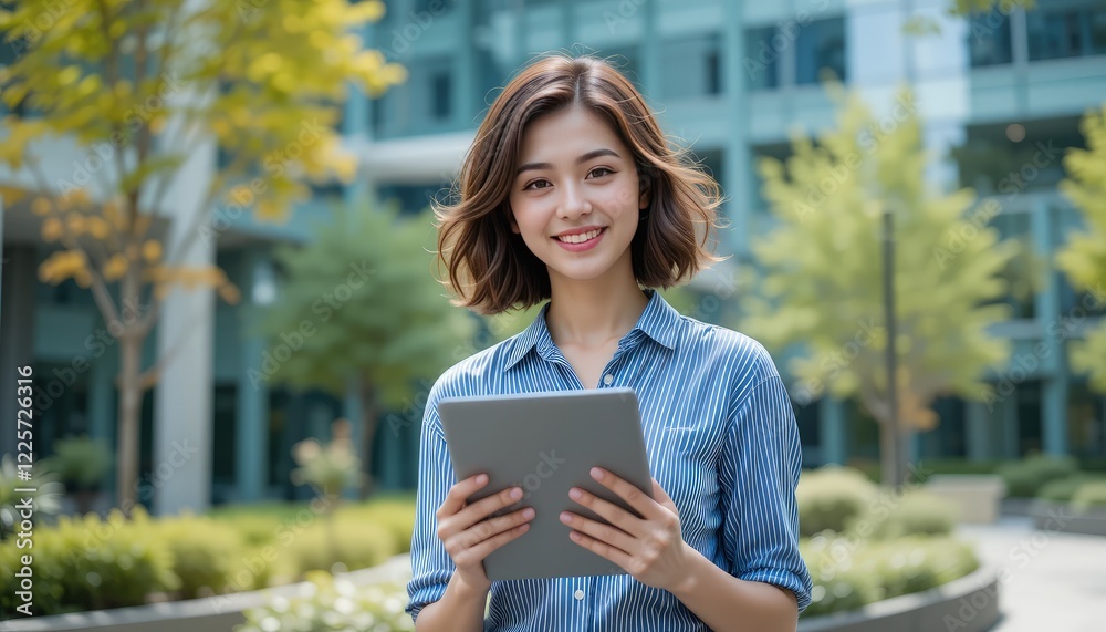Fototapeta premium Beautiful, young businesswoman using a digital tablet and enjoying in the city