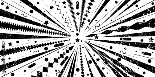 Abstract black and white retro rays. Circus background with faded paper effect and scuffs. Grunge and vintage wallpaper. Vector hand drawn illustration for banners, wallpaper, textile, wrapping	