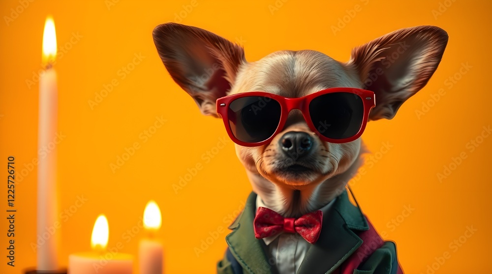 Dog in suit. Pet is dressed up in humorous, stylish suit complete with a tie for intellectual look. Trendy dog clothing for Funny humor. Dog with glasses and colorful costume Dog in suit. Pet is dressed up in humorous, stylish suit complete with a tie for intellectual look. Trendy dog clothing for Funny humor. Dog with glasses and colorful costume