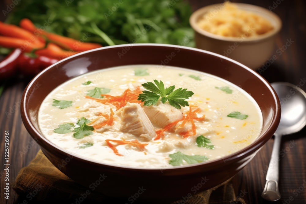Cream of Chicken Soup served with rice, creamy carrot and poultry meat. Delicious hot food for lunch or dinner Cream of Chicken Soup served with rice, creamy carrot and poultry meat. Delicious hot food for lunch or dinner