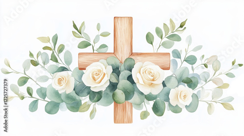 Wooden cross with white roses and greenery - serene floral arrangement art
