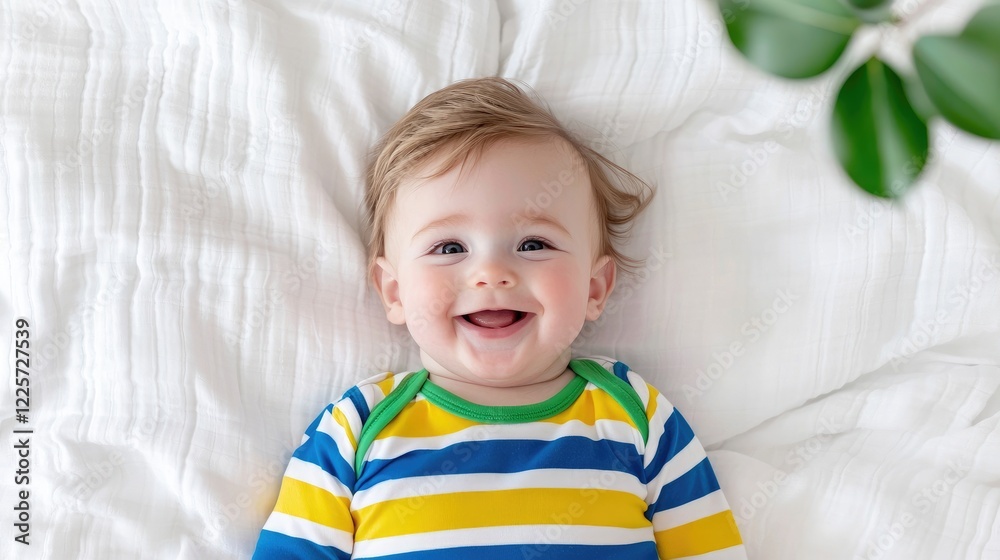 Happy baby on white bedding, plant in background; ideal for parenting websites Happy baby on white bedding, plant in background; ideal for parenting websites