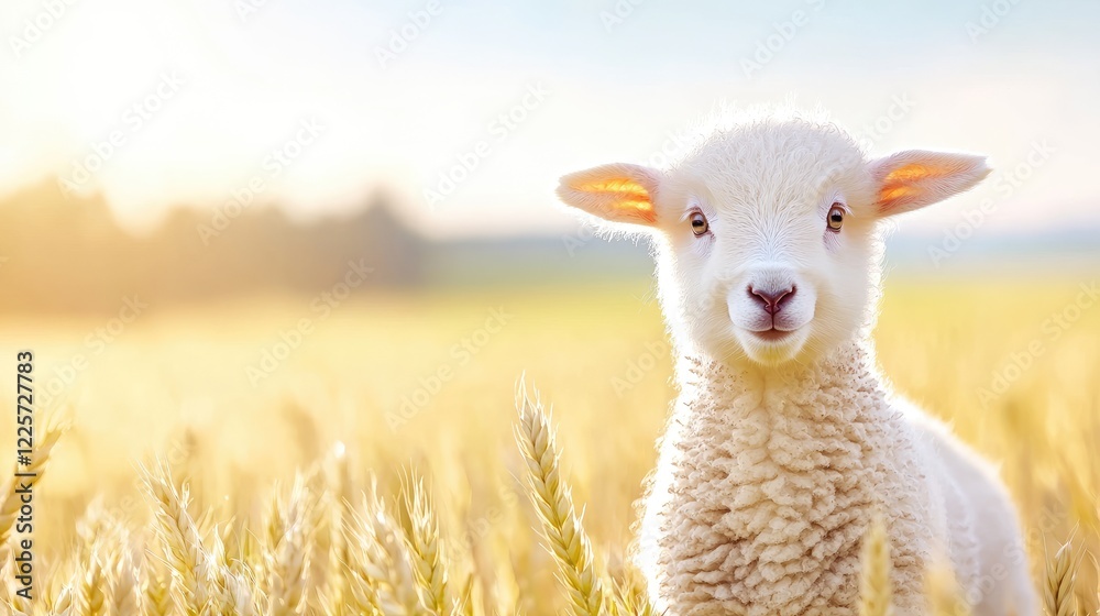 Obraz premium Lamb in wheat field at sunrise, idyllic rural scene, spring