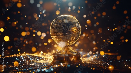 Golden trophy award is shining under spotlight with glittering bokeh effect on dark background, celebrating success, achievement and victory