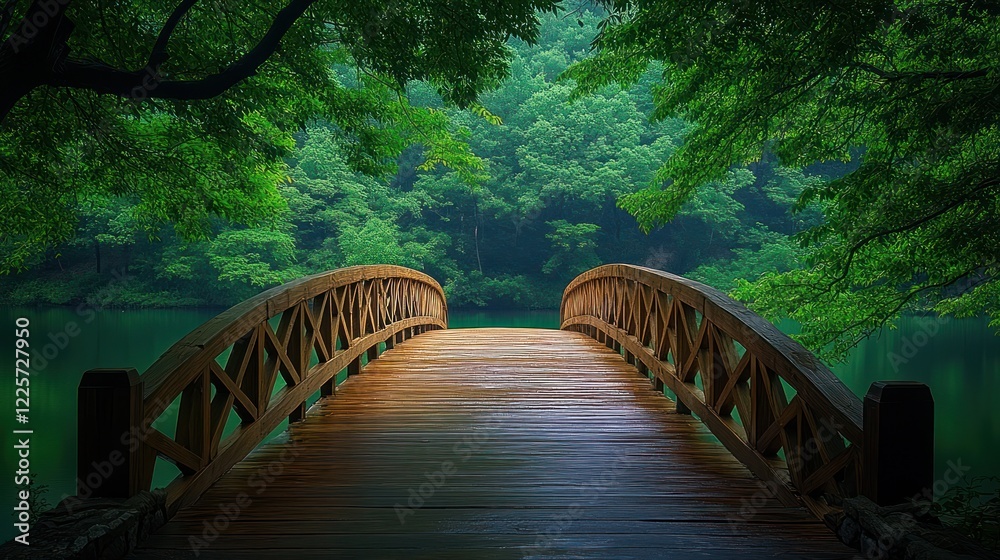 Fototapeta premium Wooden bridge, tranquil lake, green forest, mist, serenity