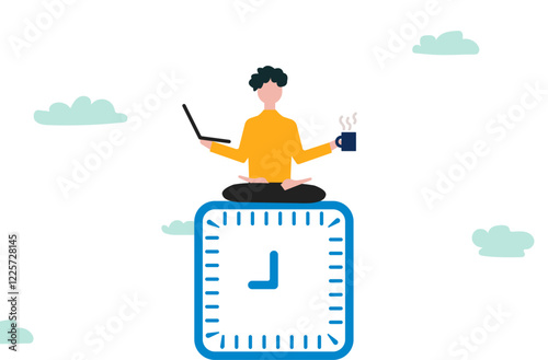 Man with coffee and laptop doing meditation above rectangle clock, time management illustration