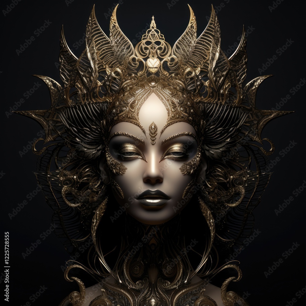 Deity Woman Statue. Beautiful Epic Character Design with Intricate Facial Mask, Artistic Style and Black Background. AI Generated Art Deity Woman Statue. Beautiful Epic Character Design with Intricate Facial Mask, Artistic Style and Black Background. AI Generated Art