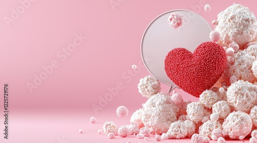 Pink background, red heart, white spheres, speech bubble; Valentine's Day design