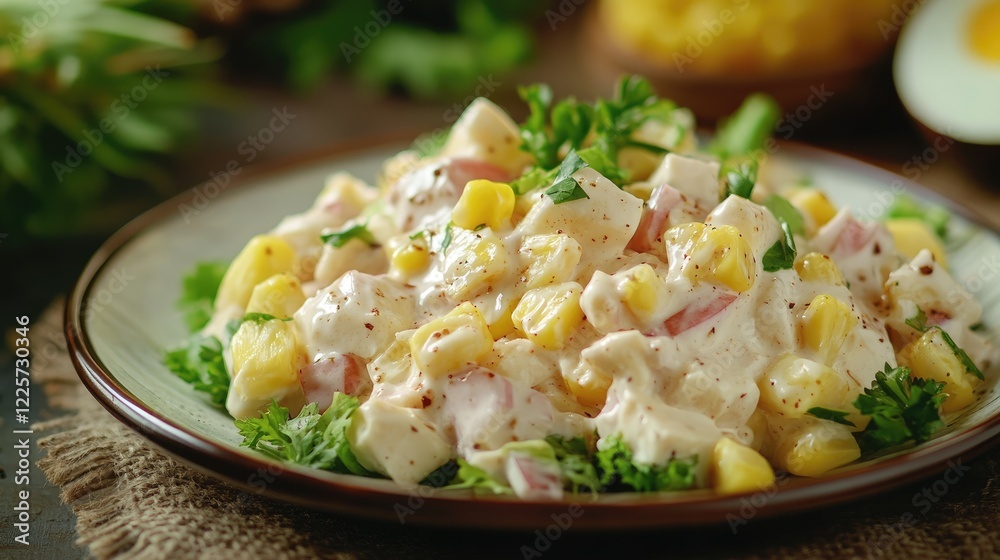 Chicken and pineapple salad with corn, cheese, eggs and onions, dressed with mayonnaise close-up, in a plate on the table Chicken and pineapple salad with corn, cheese, eggs and onions, dressed with mayonnaise close-up, in a plate on the table