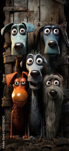 a group of cartoon dogs of different sizes with big expressive eyes on a dark background, illustration for children's book