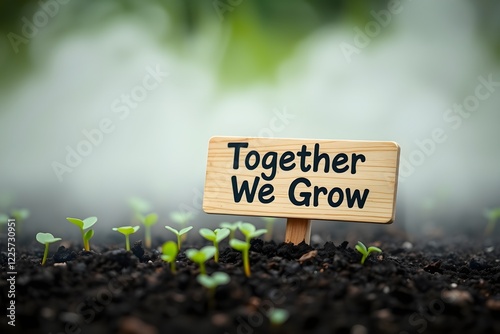 High-resolution stock photo A small wooden sign reading Together We Grow in black ink rests on dark soil, right-aligned.  Green seedlings sprout left.  