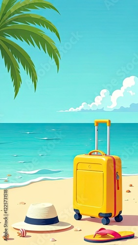 Travel yellow vacation suitcase with sunglasess, straw hat and flip flops on the beautiful sand beach. Travel concept background. Card for vacation.