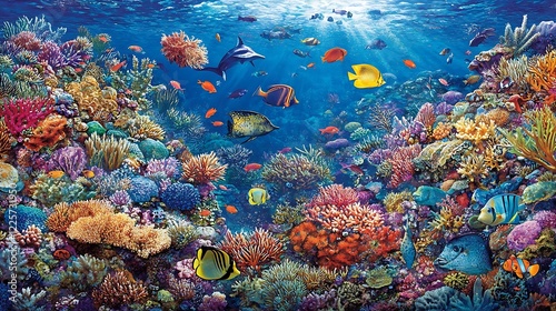 A vibrant coral reef with a school of colorful fish swimming among the corals and a sea turtle gliding by