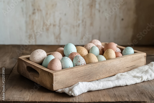 Rustic wooden tray with Easter chocolate eggs photo