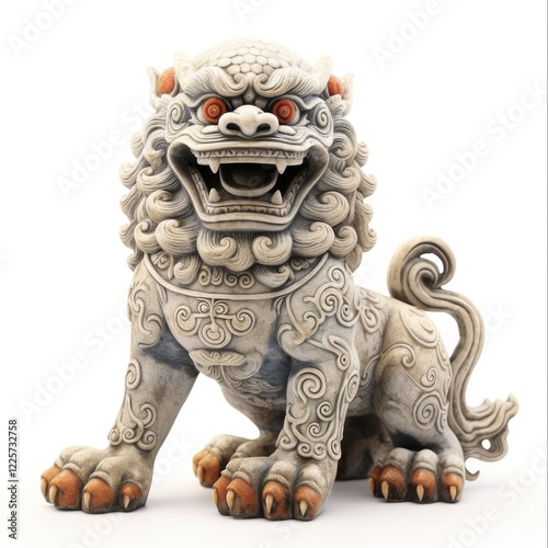 Foo Dog Chinese Guardian Lion Statue Sculpture. Ancient Art of White Stone Isolated on a Background photo