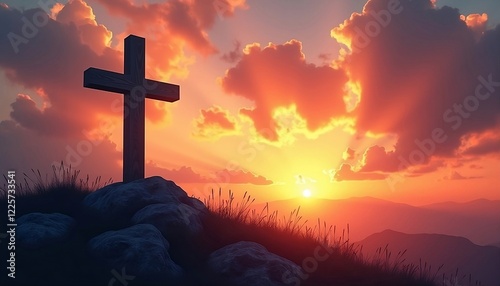Silhouette of Christian Cross on Mountain at Sunset: Powerful Easter Image for Church Services, Religious Media, and Inspirational Content