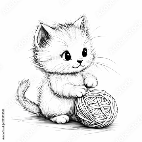 Adorable kitten playing with a ball of yarn, showcasing playful innocence. photo