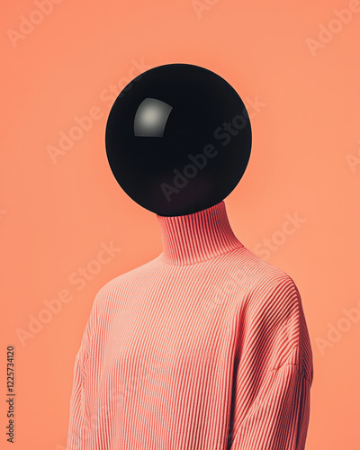 A conceptual portrait shot in a modern studio setting: the subjectâ€™s head removed, revealing a hovering black ball above a pink-gradient sweater,