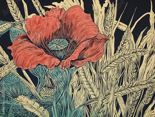 Vibrant Poppy Flower with Wheat Botanical Art Print
