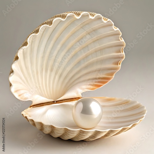 The white shell open with a white pearl in the middle, 3d, blender front view full length