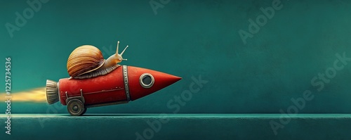 Whimsical journey of a snail on a vibrant rocket showcasing the playful contrast of speed and slowness photo