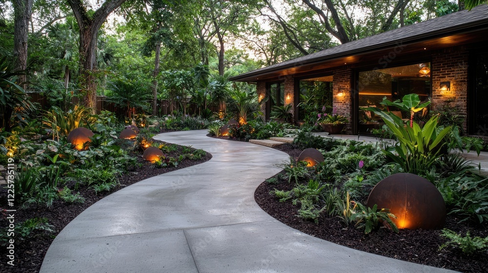 Obraz premium Winding concrete pathway illuminated by spherical garden lights leads to a modern luxury house nestled in a lush tropical forest at dusk.
