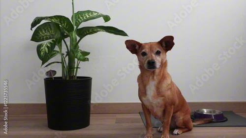 A small mixed-breed dog calmly sitting near food and water bowls in a cozy home interior. The dog looks attentive, staring directly at the camera