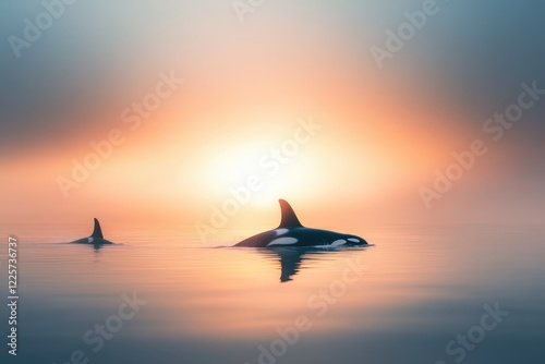 Two orcas gracefully swim at sunset, their silhouettes mirrored in the calm water.