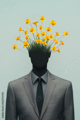 A modern, minimalist portrait featuring a gray suit embroidered with yellow daffodils that seamlessly form a sunny crown above his head, photo