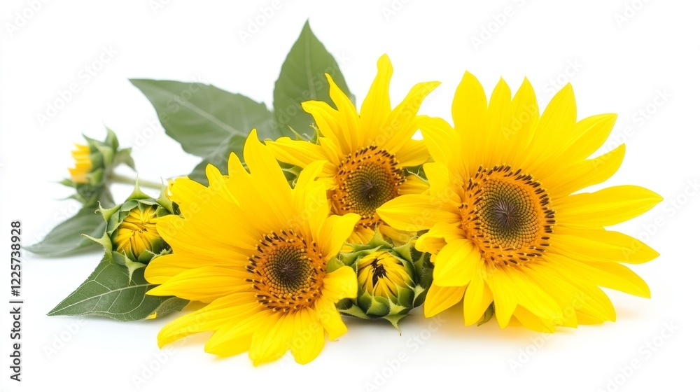 Obraz premium Close up of bright yellow sunflower Helianthus annuus with yellow green leaves and stems