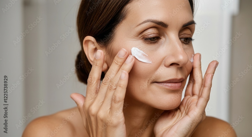 Mature caucasian female applying face cream for skincare in bathroom setting Mature caucasian female applying face cream for skincare in bathroom setting