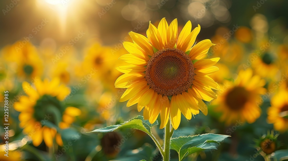 Fototapeta premium A single yellow sunflower is the center of a field of yellow flowers