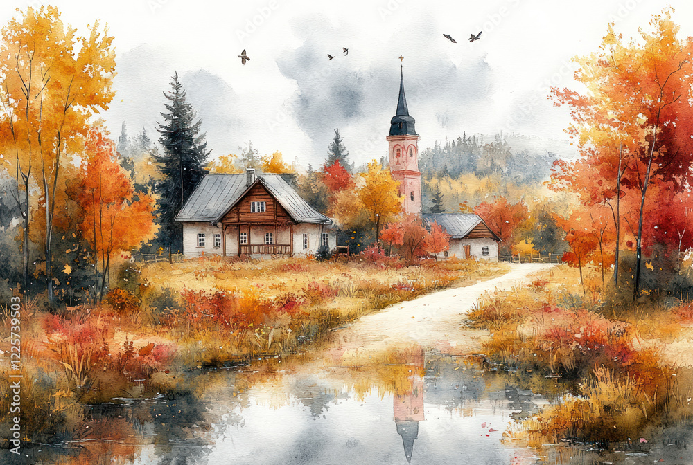 Fototapeta premium an autumn village surrounded by golden and red leaves of trees. 