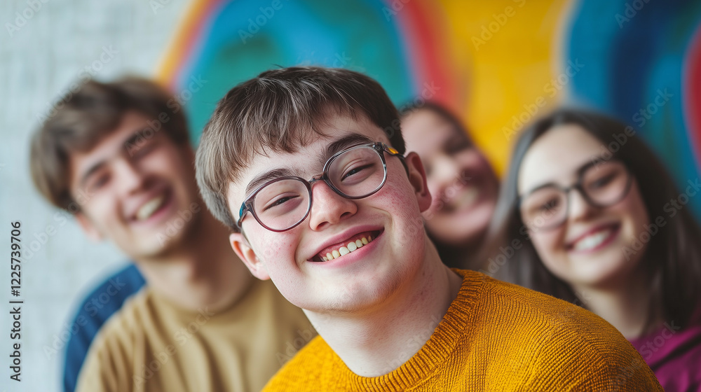 Naklejka premium copy space, stockphoto, young man with down syndrome posing with other friends. young man with down syndrome posing with other friends. Accepting people with disiblilties or mental disadvantaged peopl