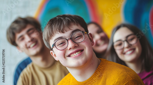 copy space, stockphoto, young man with down syndrome posing with other friends. young man with down syndrome posing with other friends. Accepting people with disiblilties or mental disadvantaged peopl