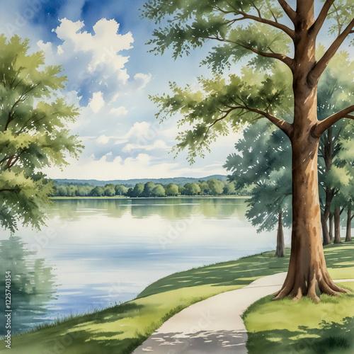 watercolor Illustrate the beauty of Gallatin with its peaceful lakeside setting. Show the serene Old Hickory Lake, with the water reflecting the surrounding trees and distant hills.