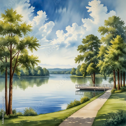 watercolor Illustrate the beauty of Gallatin with its peaceful lakeside setting. Show the serene Old Hickory Lake,