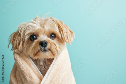 Small dog wrapped in soft beige towel, sitting against pastel blue background. Captures coziness, care, pet grooming. For animal-related projects, veterinary services, pet care product advertisements