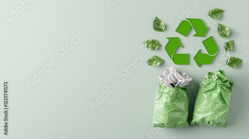 Green recycling bags and leaves; eco-friendly waste disposal; minimalist background; sustainable living concept photo