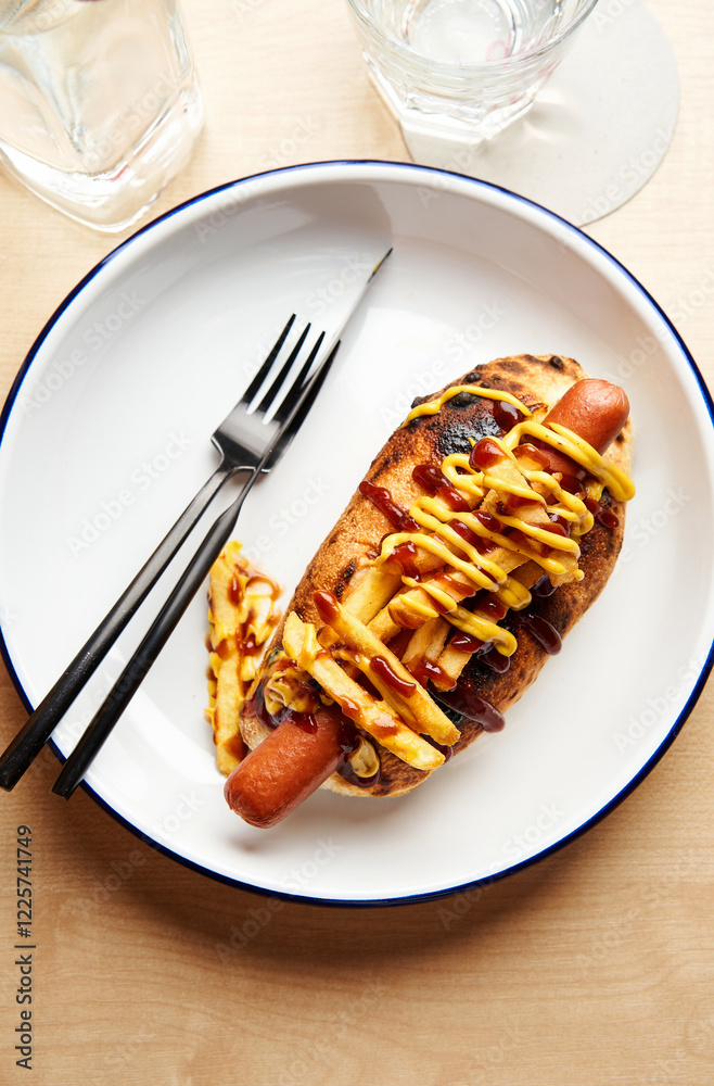 A hot dog topped with mustard and ketchup is placed on a white plate with black trim, accompanied by a fork and knife on a wooden table illuminated by soft light A hot dog topped with mustard and ketchup is placed on a white plate with black trim, accompanied by a fork and knife on a wooden table illuminated by soft light