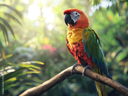 Vibrant Macaw in Lush Tropical Setting, symbolizing vibrant wildlife and biodiversity, ideal for nature documentaries and wildlife conservation brochures.
