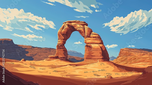 Majestic sandstone arch standing tall amidst the sweeping expanse of desert dunes offering a captivating natural wonder for adventurous explorers and nature enthusiasts. Desert Arch. Illustration